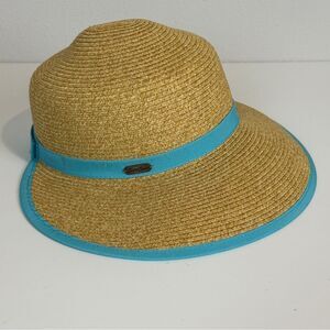 Sun N Sand Paperbraid Tapered Brim Sun Hat Turquoise Trim UPF 50+ OS